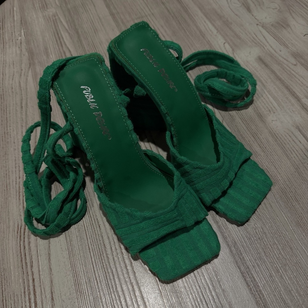 Public Desire ASOS Green Mojito Towelling Wrap Block Heel Strap Sandals US 6 NEW - Picture 9 of 16